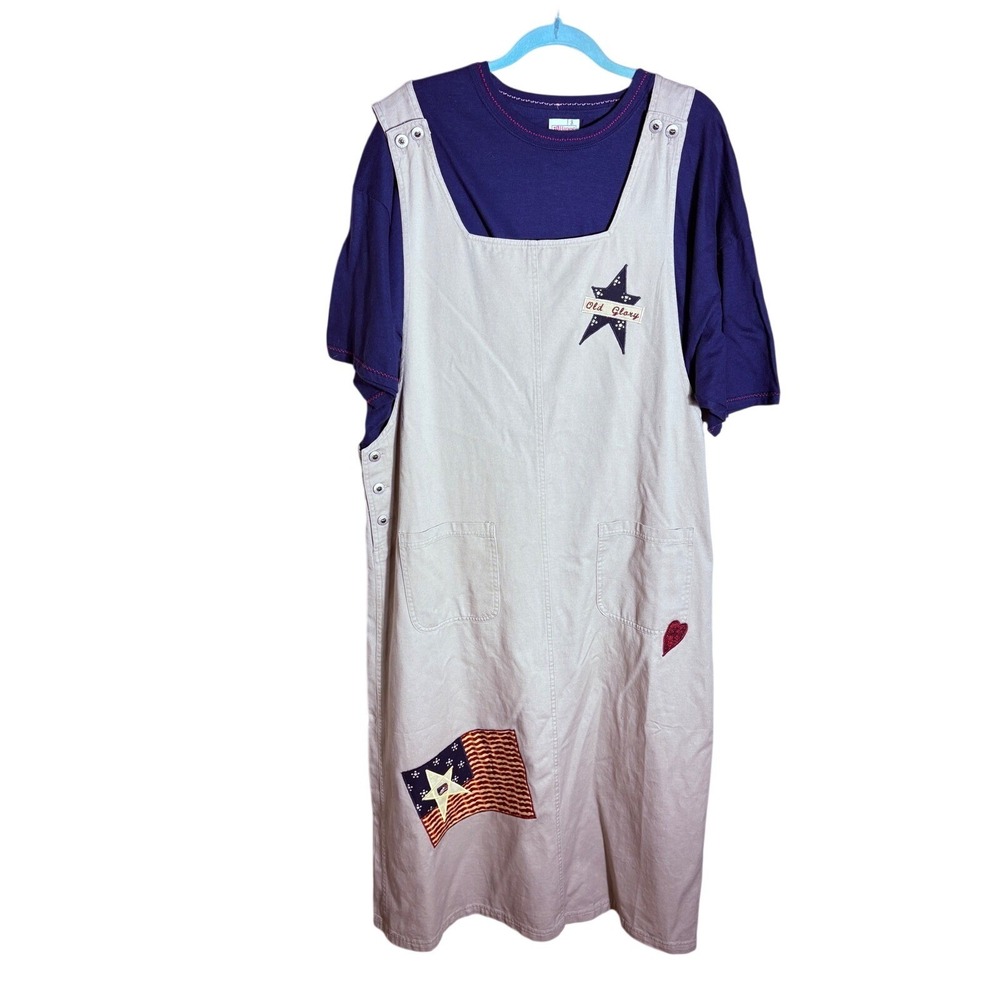 Vintage Americana Jumper Dress Set Tan Cotton Star Flag Plus 18W 2XL Teacher